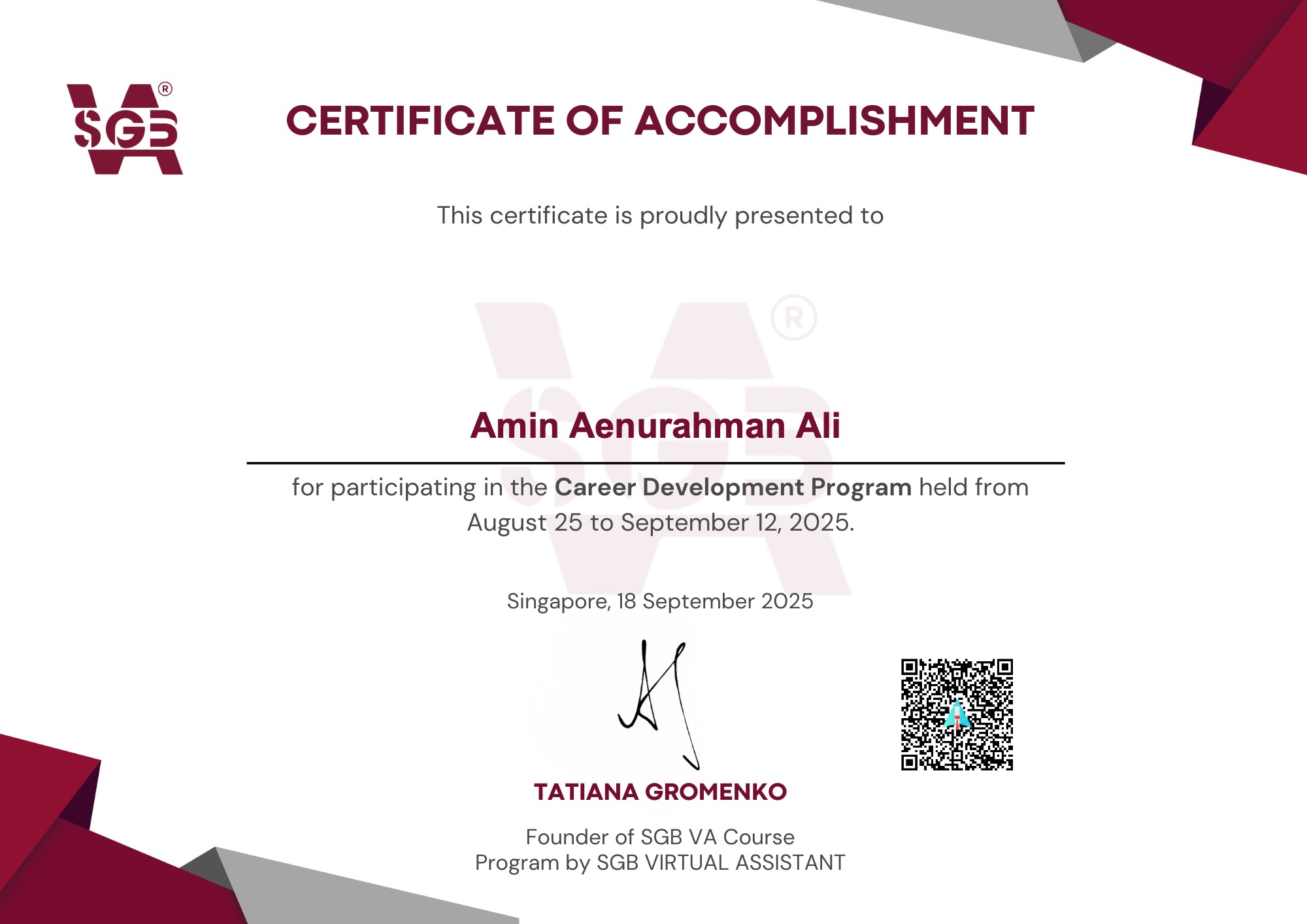 SGB Virtual Assistant Certificate - Career Development Program